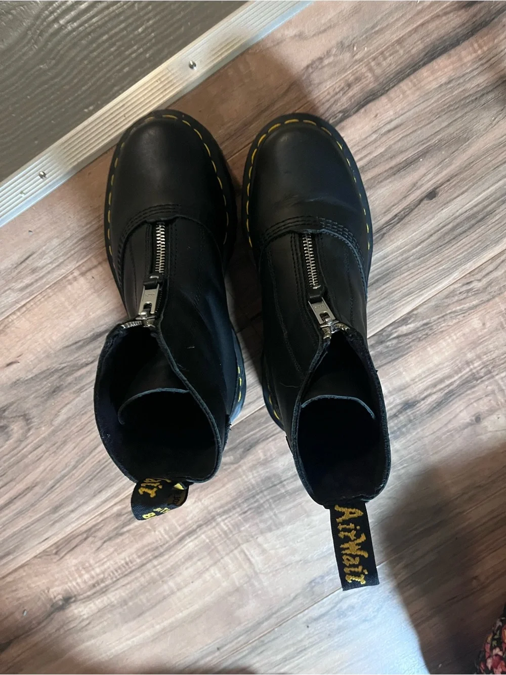 Dr. Martens Black Leather Front-Zip Jetta Boots with Yellow Stitching